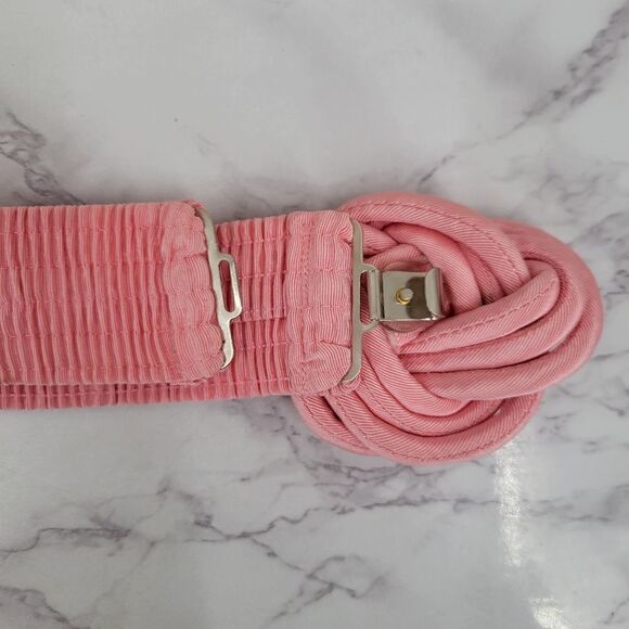 Vintage 80s Baby Pink Celtic Knot Rope Buckle Smocked Fabric Stretch Belt main image 6